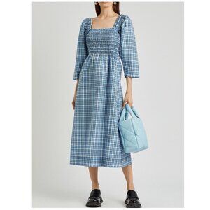 Ganni Dress Shirred Checked Cotton Seersucker Midi Blue DE 40 US 10 Milkmaid